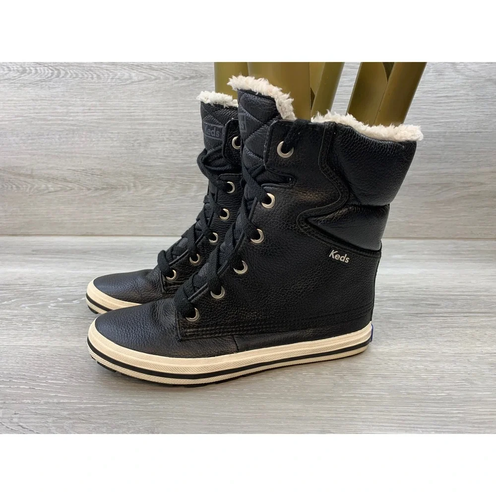 Keds Women's Black Leather Faux Fur Lined Winter Boot 8.5 Casual Shoes